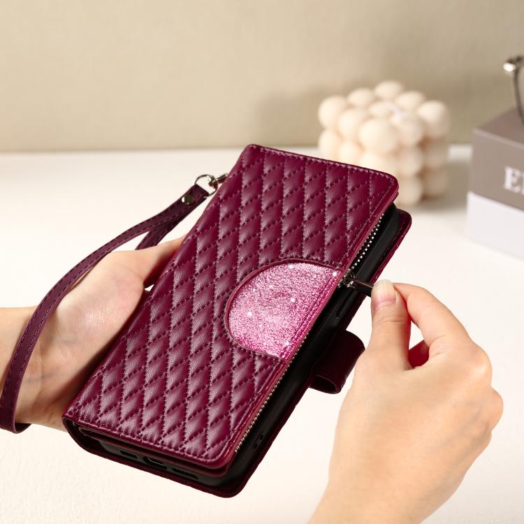 For iPhone 16e Glitter Lattice Zipper Wallet Leather Phone Case(Wine Red) - iPhone 16e Cases by buy2fix | Online Shopping UK | buy2fix