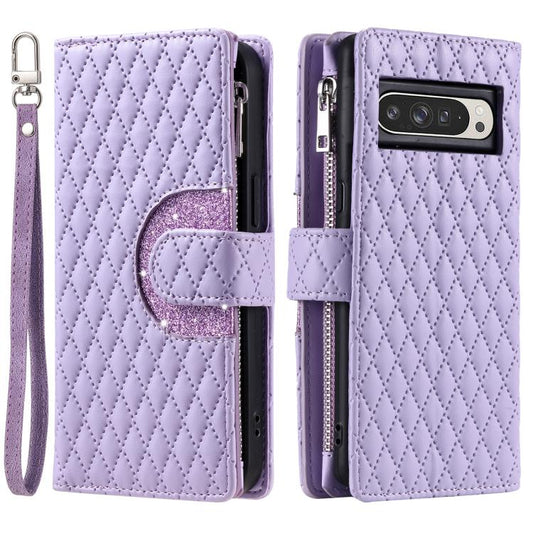 For Google Pixel 10 Pro XL Glitter Lattice Zipper Wallet Leather Phone Case(Purple) - Google Cases by buy2fix | Online Shopping UK | buy2fix