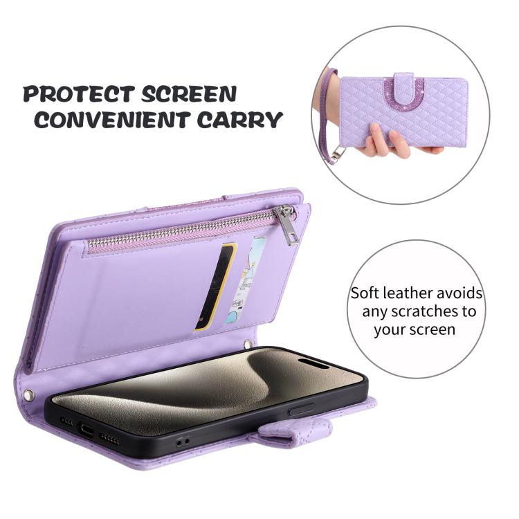 For Google Pixel 10 Pro XL Glitter Lattice Zipper Wallet Leather Phone Case(Purple) - Google Cases by buy2fix | Online Shopping UK | buy2fix
