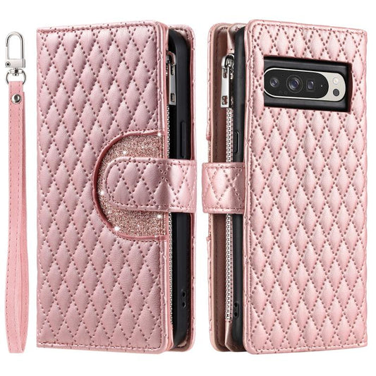 For Google Pixel 10 Pro XL Glitter Lattice Zipper Wallet Leather Phone Case(Rose Gold) - Google Cases by buy2fix | Online Shopping UK | buy2fix