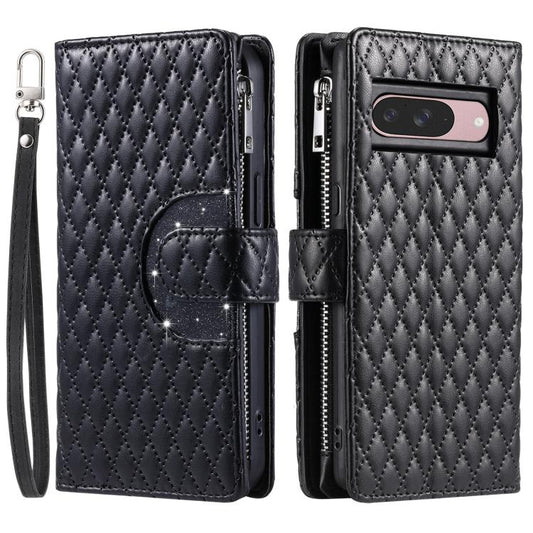 For Google Pixel 10 / 10 Pro Glitter Lattice Zipper Wallet Leather Phone Case(Black) - Google Cases by buy2fix | Online Shopping UK | buy2fix