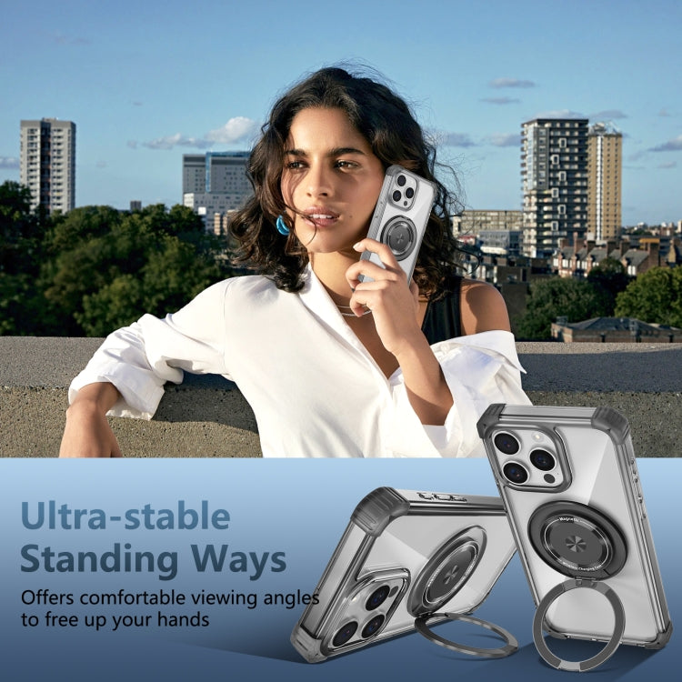 For iPhone 15 Gold Shield CD Pattern MagSafe Magnetic Phone Case with Rotating Stand(Transparent Black) by buy2fix