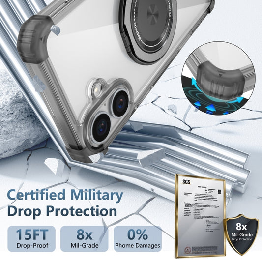 For iPhone 16 Plus Gold Shield CD Pattern MagSafe Magnetic Phone Case with Rotating Stand(Transparent Black) by buy2fix