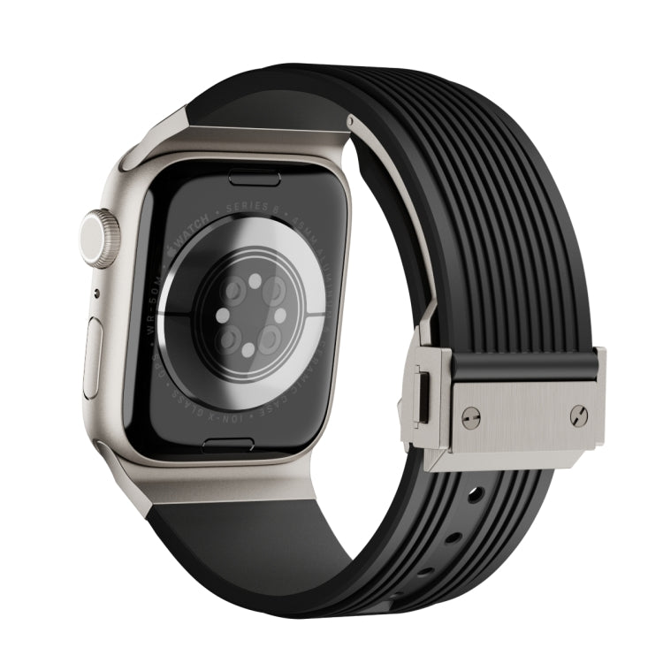 For Apple Watch SE 2022 44mm Vertical Texture Titanium Buckle Elastic Silicone Watch Band(Black) - Watch Bands by buy2fix | Online Shopping UK | buy2fix
