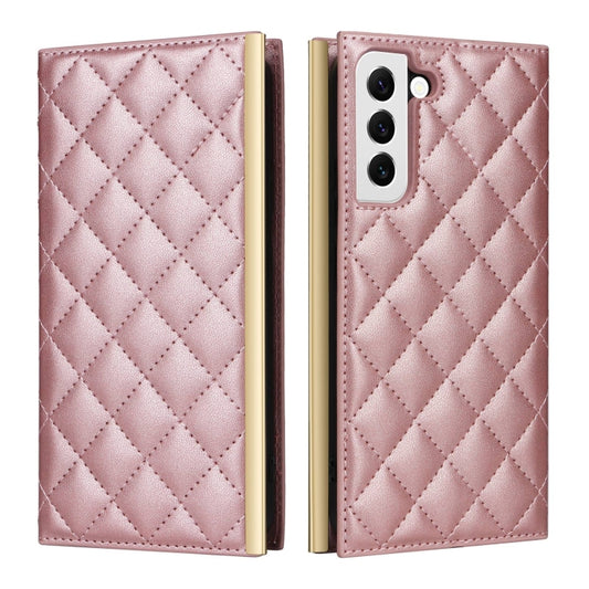 For Samsung Galaxy S22 5G Crossbody Rhombic Sucker Leather Phone Case(Rose Gold) by buy2fix