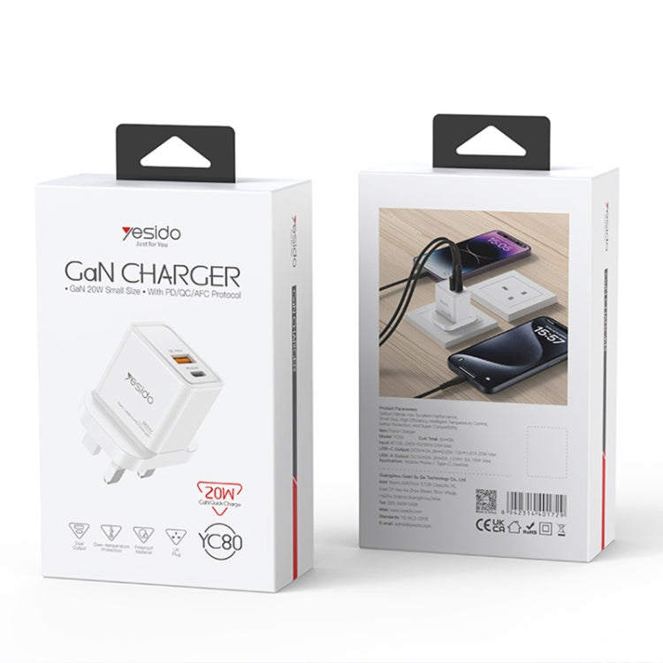 Yesido YC80 PD20W Dual Port Type-C GaN Charger, UK Plug by Yesido