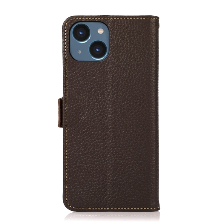 For iPhone 15 KHAZNEH Side-Magnetic Litchi Genuine Leather RFID Phone Case(Brown) - iPhone 15 Cases by buy2fix | Online Shopping UK | buy2fix