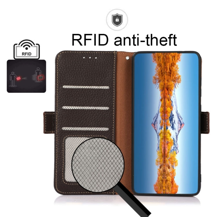 For iPhone 15 KHAZNEH Side-Magnetic Litchi Genuine Leather RFID Phone Case(Brown) - iPhone 15 Cases by buy2fix | Online Shopping UK | buy2fix