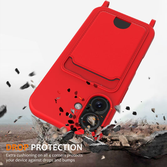 For iPhone 16 Plus Integrated Card Bag Solid Color Liquid Silicone Phone Case with Lanyard(Red) by buy2fix