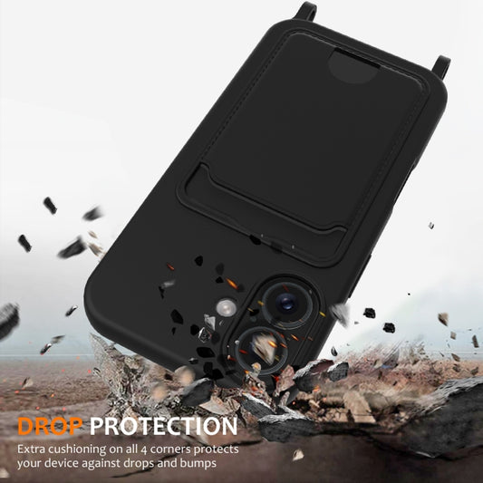 For iPhone 16 Plus Integrated Card Bag Solid Color Liquid Silicone Phone Case with Lanyard(Black) by buy2fix