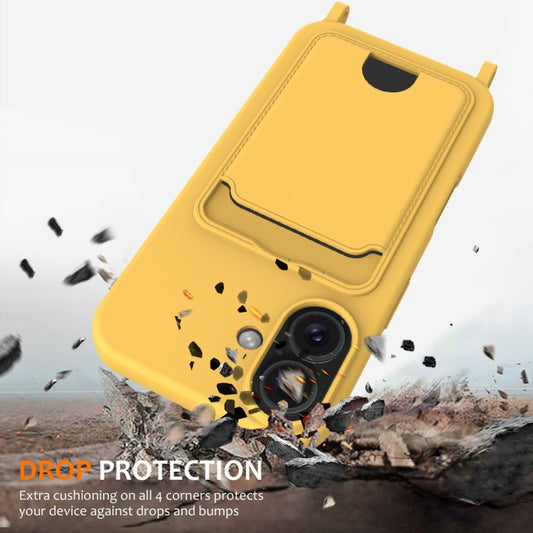 For iPhone 16 Plus Integrated Card Bag Solid Color Liquid Silicone Phone Case with Lanyard(Yellow) by buy2fix