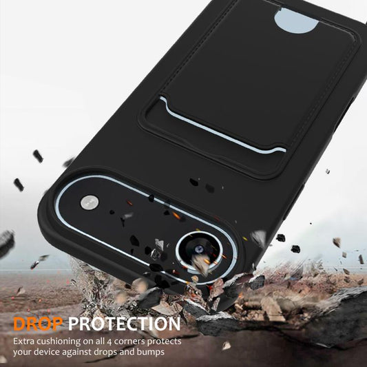 For iPhone Air Integrated Card Bag Solid Color Liquid Silicone Phone Case with Lanyard(Black) - iPhone Air Cases by buy2fix | Online Shopping UK | buy2fix