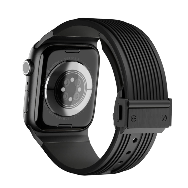 For Apple Watch Series 8 45mm Vertical Texture Black Buckle Elastic Silicone Watch Band(Black) - Watch Bands by buy2fix | Online Shopping UK | buy2fix