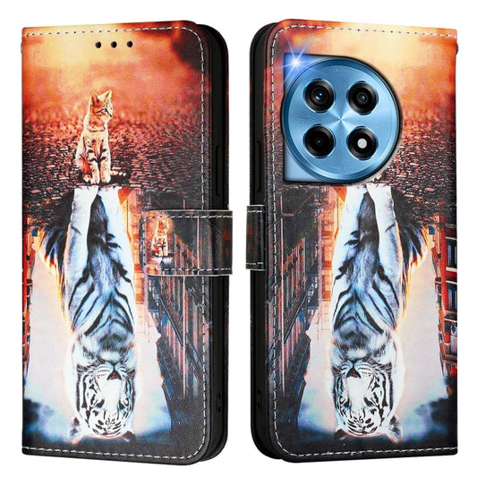For OnePlus 12 5G Global Colored Drawing Pattern Plain Weave Leather Phone Case(Cats And Tigers) by buy2fix