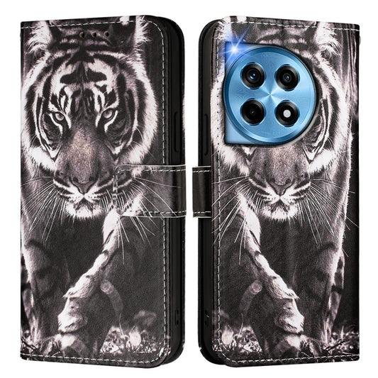 For OnePlus 12 5G Global Colored Drawing Pattern Plain Weave Leather Phone Case(Black And White Tiger) by buy2fix