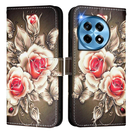 For OnePlus 12 5G Global Colored Drawing Pattern Plain Weave Leather Phone Case(Roses On Black) by buy2fix