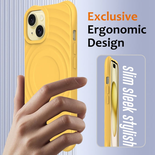 For iPhone 15 Wave Texture MagSafe Magnetic Liquid Silicone Phone Case(Yellow) by buy2fix