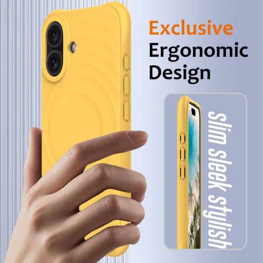 For iPhone 16 Wave Texture MagSafe Magnetic Liquid Silicone Phone Case(Yellow) by buy2fix