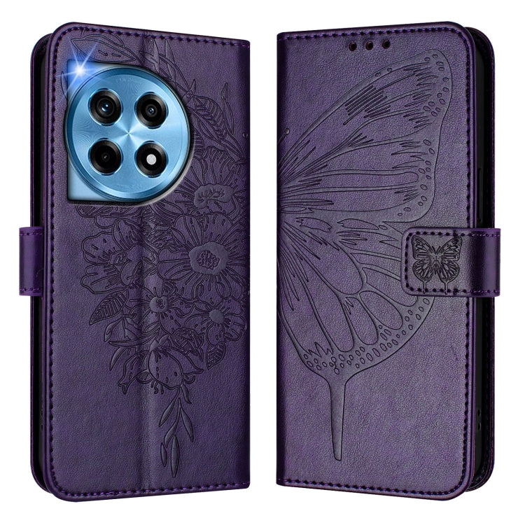 For OnePlus 12 5G Global Embossed Butterfly Leather Phone Case(Dark Purple) - OnePlus Cases by buy2fix | Online Shopping UK | buy2fix