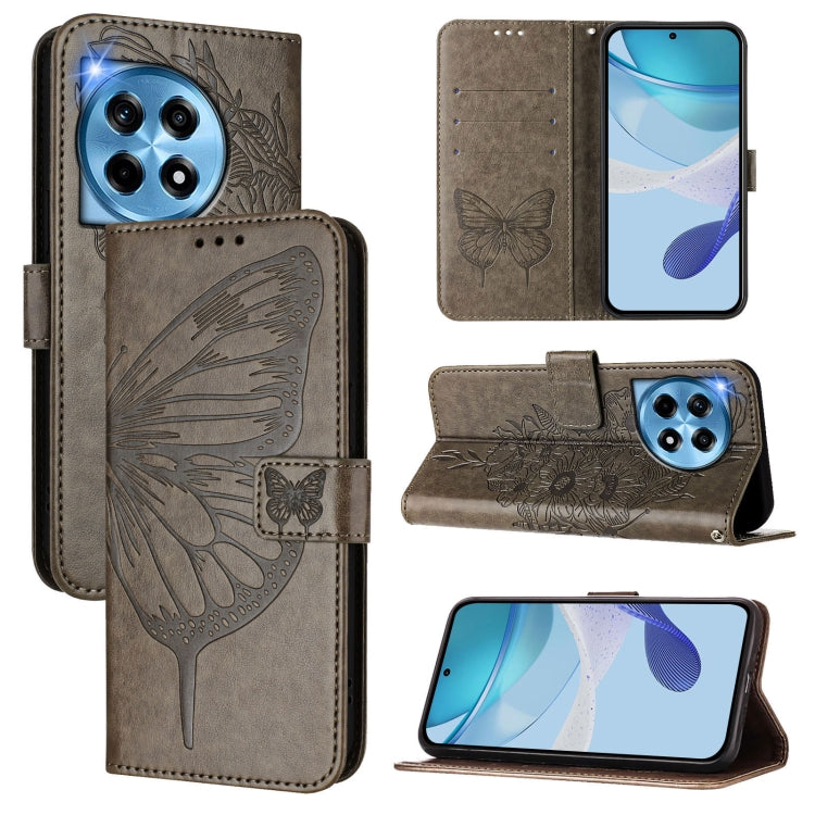 For OnePlus 12 5G Global Embossed Butterfly Leather Phone Case(Grey) - OnePlus Cases by buy2fix | Online Shopping UK | buy2fix