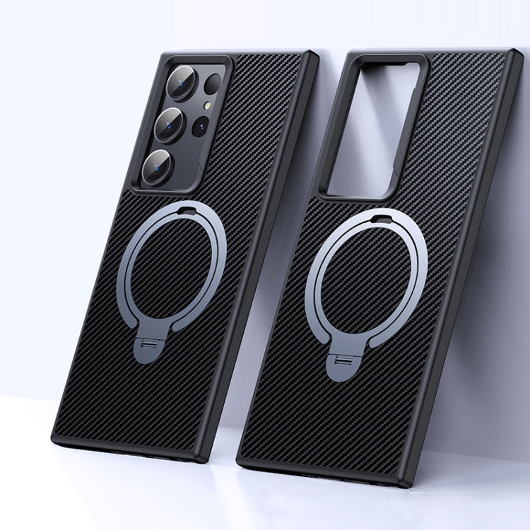 For Samsung Galaxy S23 Ultra 5G Double Ring MagSafe Holder Carbon Fibre Phone Case(Silver) - Galaxy S23 Ultra 5G Cases by buy2fix | Online Shopping UK | buy2fix