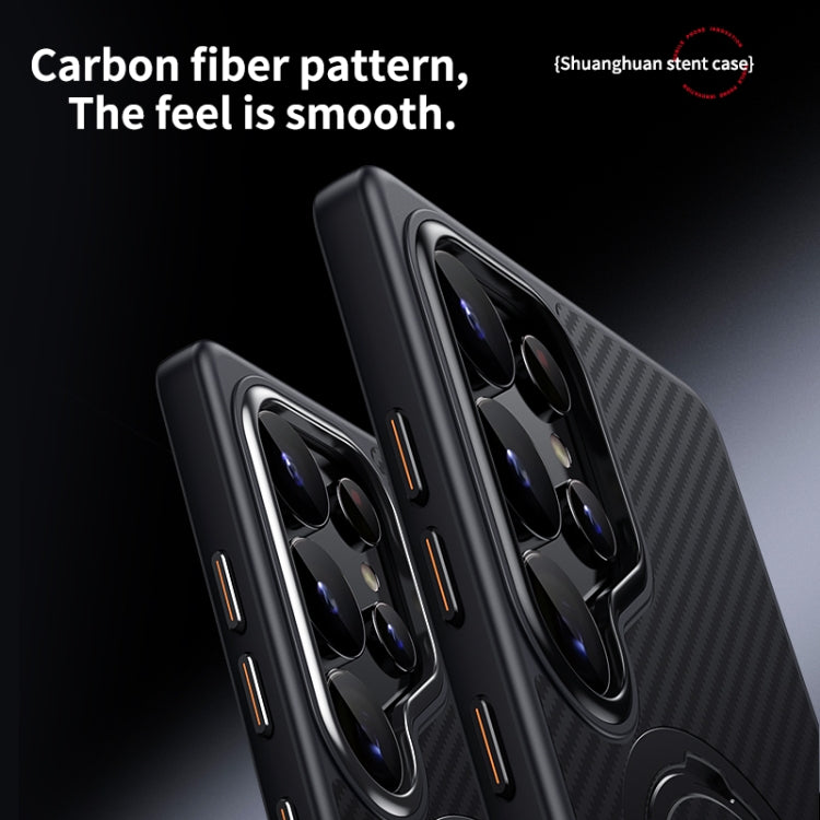 For Samsung Galaxy S25 Ultra 5G Double Ring MagSafe Holder Carbon Fibre Phone Case(Black) by buy2fix