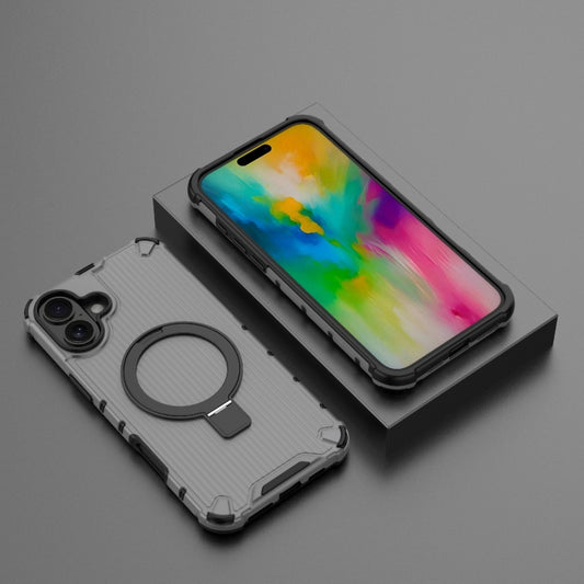 For iPhone 16 Plus Grating Holder Shockproof Phone Case(Transparent Black) by buy2fix