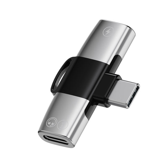 2 in 1 USB-C / Type-C to Dual USB-C / Type-C T-Type Audio Mobile Phone Charging Adapter(Silver) by buy2fix