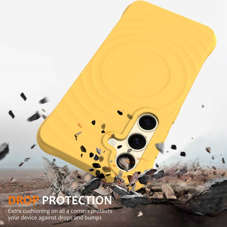 For Samsung Galaxy S25 5G Wave Texture MagSafe Magnetic Liquid Silicone Phone Case(Yellow) by buy2fix