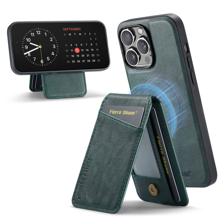 For iPhone 15 Pro Fierre Shann Cowhide Vertical Flip Magnetic Card Holder Phone Case(Green) - iPhone 15 Pro Cases by FIERRE SHANN | Online Shopping UK | buy2fix