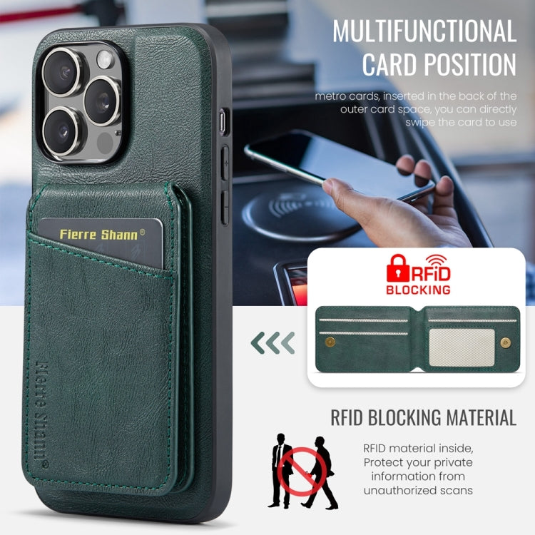 For iPhone 15 Pro Fierre Shann Cowhide Vertical Flip Magnetic Card Holder Phone Case(Green) - iPhone 15 Pro Cases by FIERRE SHANN | Online Shopping UK | buy2fix