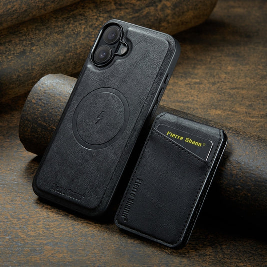 For iPhone 16 Plus Fierre Shann Cowhide Vertical Flip Magnetic Card Holder Phone Case(Black) by FIERRE SHANN