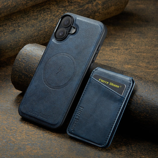 For iPhone 16 Plus Fierre Shann Cowhide Vertical Flip Magnetic Card Holder Phone Case(Blue) by FIERRE SHANN