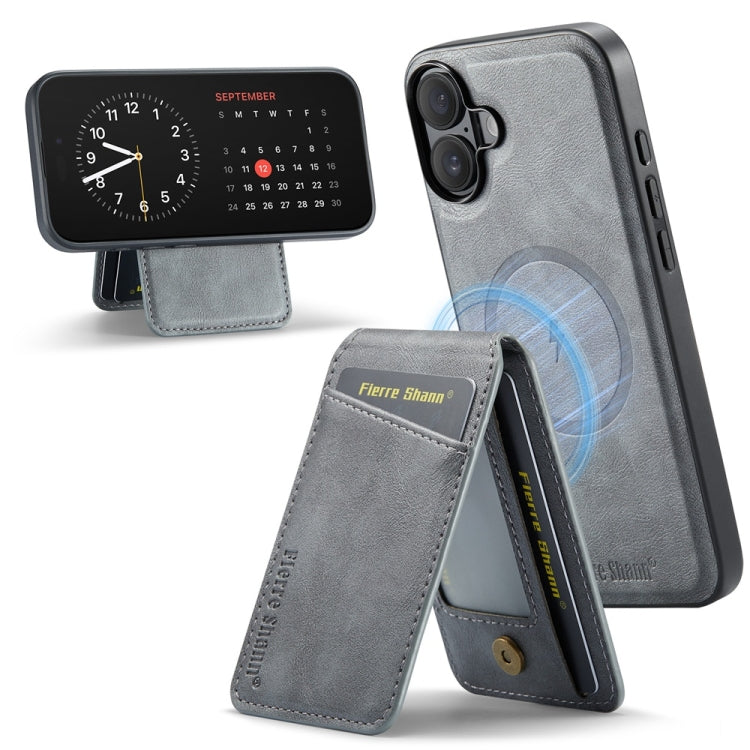 For iPhone 16 Plus Fierre Shann Cowhide Vertical Flip Magnetic Card Holder Phone Case(Grey) - iPhone 16 Plus Cases by FIERRE SHANN | Online Shopping UK | buy2fix