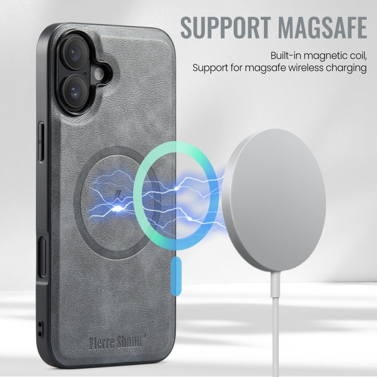 For iPhone 16 Plus Fierre Shann Cowhide Vertical Flip Magnetic Card Holder Phone Case(Grey) - iPhone 16 Plus Cases by FIERRE SHANN | Online Shopping UK | buy2fix