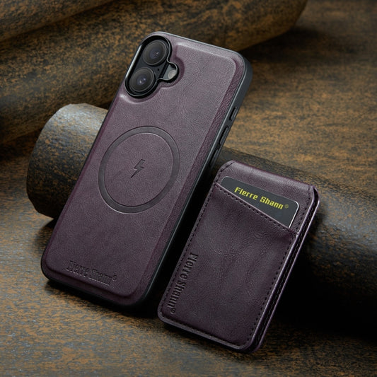 For iPhone 16 Plus Fierre Shann Cowhide Vertical Flip Magnetic Card Holder Phone Case(Purple) by FIERRE SHANN