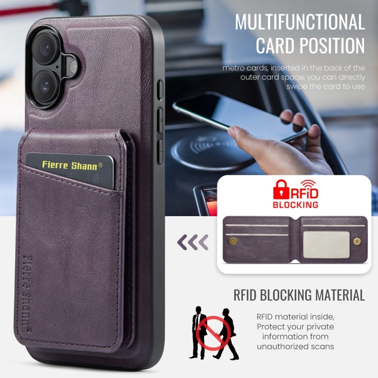 For iPhone 16 Plus Fierre Shann Cowhide Vertical Flip Magnetic Card Holder Phone Case(Purple) - iPhone 16 Plus Cases by FIERRE SHANN | Online Shopping UK | buy2fix