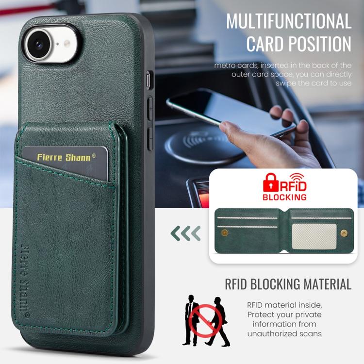 For iPhone 16e Fierre Shann Cowhide Vertical Flip Magnetic Card Holder Phone Case(Green) - iPhone 16e Cases by FIERRE SHANN | Online Shopping UK | buy2fix