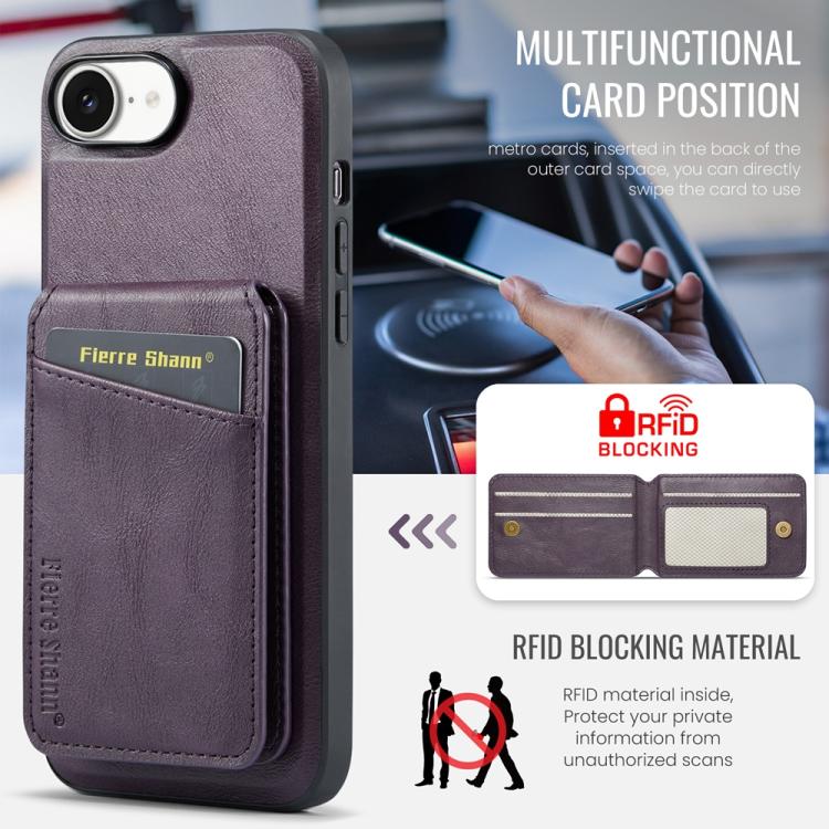 For iPhone 16e Fierre Shann Cowhide Vertical Flip Magnetic Card Holder Phone Case(Purple) - iPhone 16e Cases by FIERRE SHANN | Online Shopping UK | buy2fix