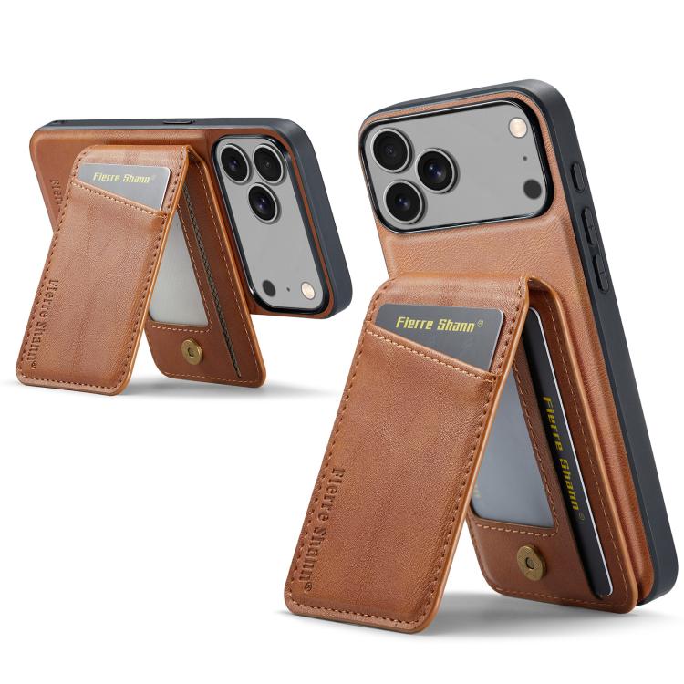 For iPhone 17 Pro Fierre Shann Cowhide Vertical Flip Magnetic Card Holder Phone Case(Brown) - iPhone 17 Pro Cases by FIERRE SHANN | Online Shopping UK | buy2fix