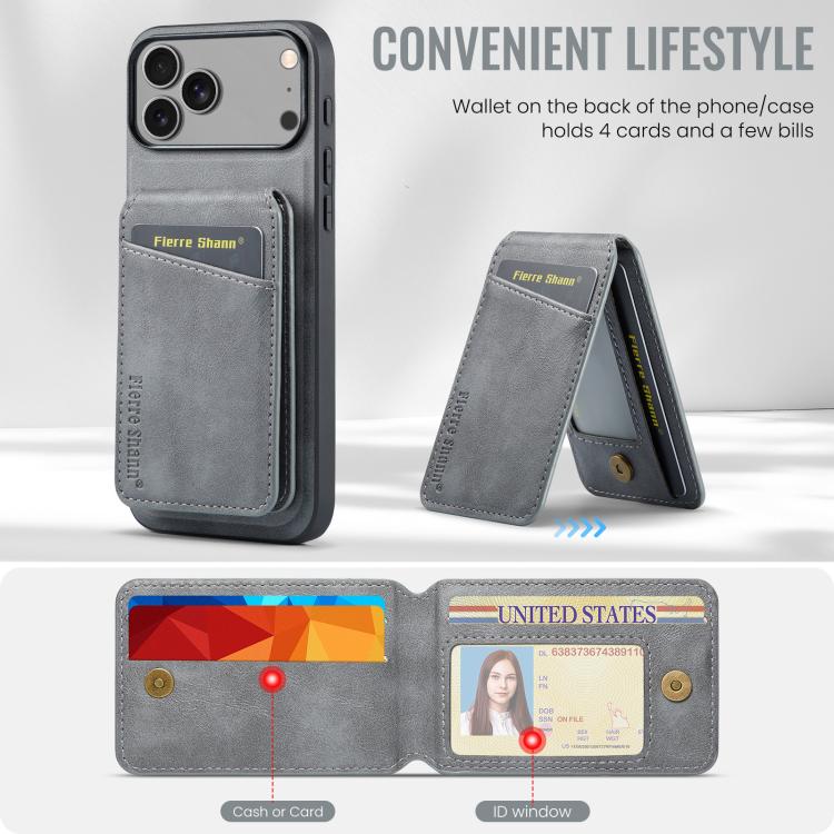 For iPhone 17 Pro Fierre Shann Cowhide Vertical Flip Magnetic Card Holder Phone Case(Grey) - iPhone 17 Pro Cases by FIERRE SHANN | Online Shopping UK | buy2fix