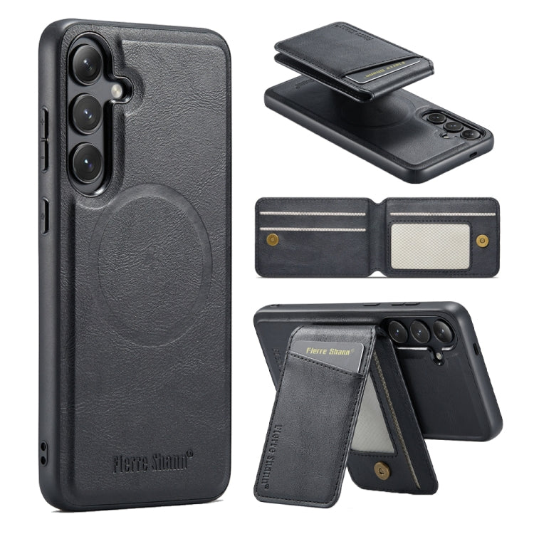 For Samsung Galaxy S24+ 5G Fierre Shann Cowhide Vertical Flip Magnetic Card Holder Phone Case(Black) - Galaxy S24+ 5G Cases by FIERRE SHANN | Online Shopping UK | buy2fix