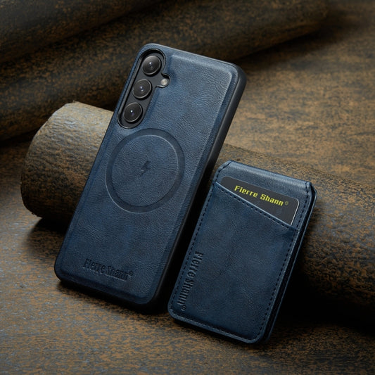 For Samsung Galaxy S24+ 5G Fierre Shann Cowhide Vertical Flip Magnetic Card Holder Phone Case(Blue) - Galaxy S24+ 5G Cases by FIERRE SHANN | Online Shopping UK | buy2fix