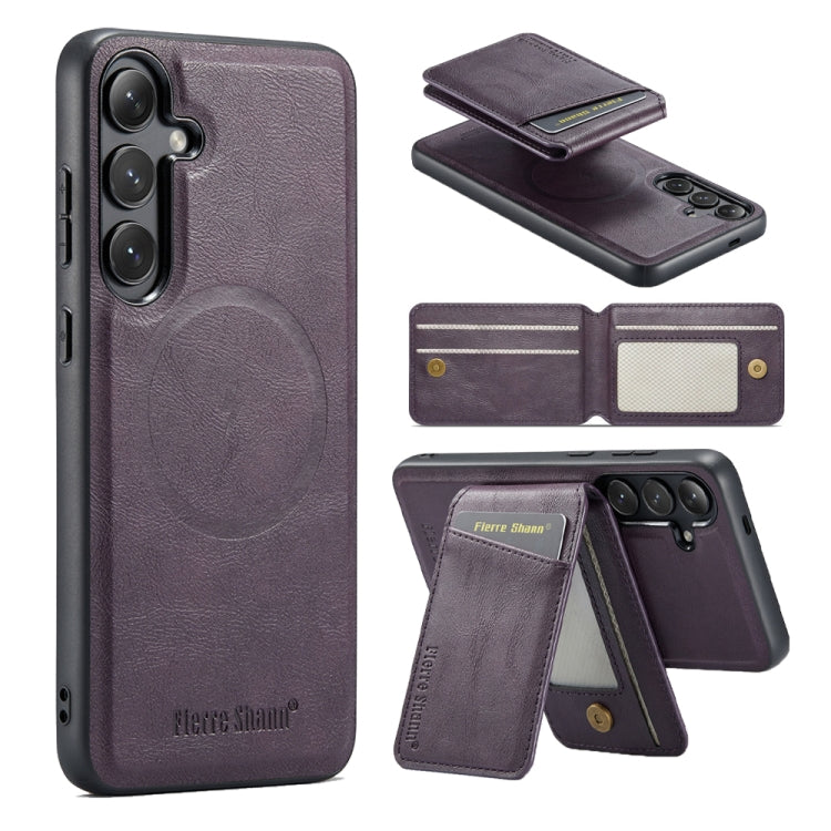 For Samsung Galaxy S24+ 5G Fierre Shann Cowhide Vertical Flip Magnetic Card Holder Phone Case(Purple) - Galaxy S24+ 5G Cases by FIERRE SHANN | Online Shopping UK | buy2fix