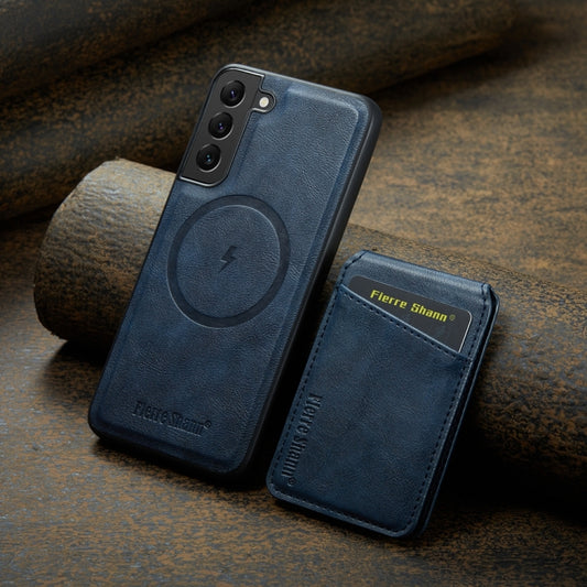 For Samsung Galaxy S22+ 5G Fierre Shann Cowhide Vertical Flip Magnetic Card Holder Phone Case(Blue) - Galaxy S22+ 5G Cases by FIERRE SHANN | Online Shopping UK | buy2fix