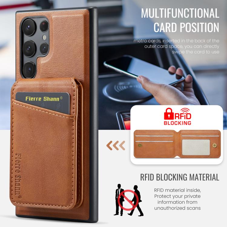 For Samsung Galaxy S25 Ultra 5G Fierre Shann Cowhide Vertical Flip Magnetic Card Holder Phone Case(Brown) - Galaxy S25 Ultra 5G Cases by FIERRE SHANN | Online Shopping UK | buy2fix