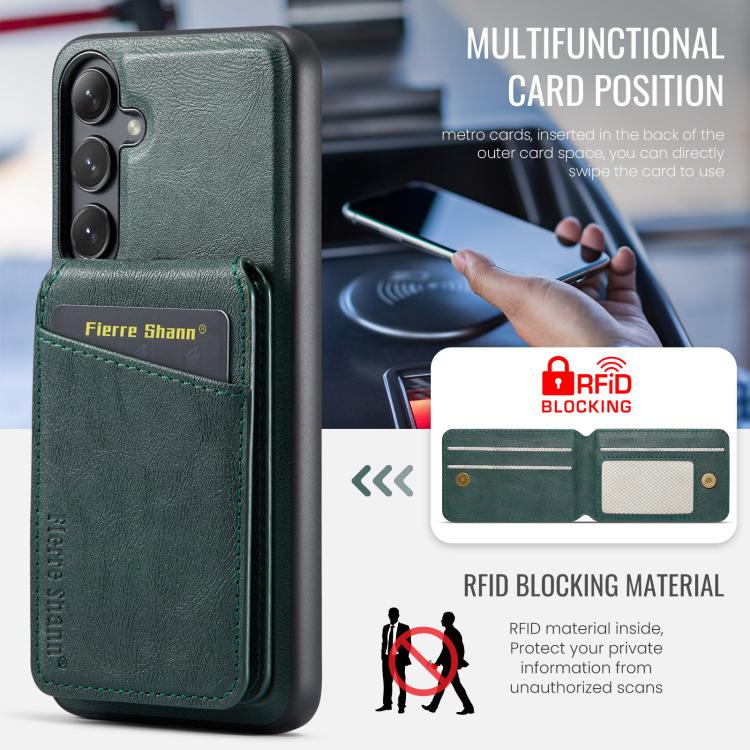 For Samsung Galaxy S25 5G Fierre Shann Cowhide Vertical Flip Magnetic Card Holder Phone Case(Green) - Galaxy S25 5G Cases by FIERRE SHANN | Online Shopping UK | buy2fix