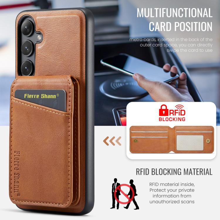 For Samsung Galaxy S25+ 5G Fierre Shann Cowhide Vertical Flip Magnetic Card Holder Phone Case(Brown) - Galaxy S25+ 5G Cases by FIERRE SHANN | Online Shopping UK | buy2fix