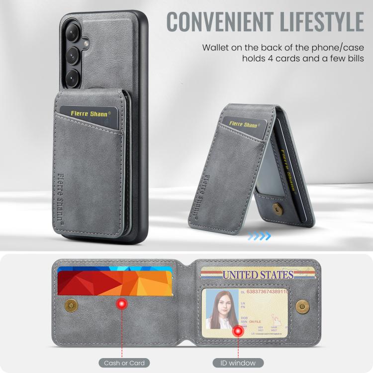 For Samsung Galaxy S24 FE 5G Fierre Shann Cowhide Vertical Flip Magnetic Card Holder Phone Case(Grey) - Galaxy S24 FE 5G Cases by FIERRE SHANN | Online Shopping UK | buy2fix