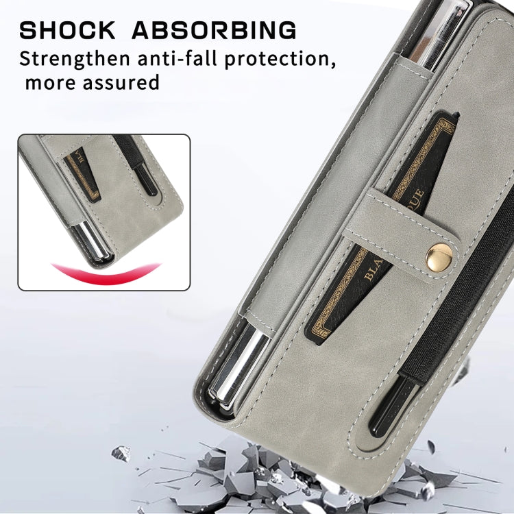 For Samsung Galaxy Z Fold4 5G PC Foldable Shockproof Leather Phone Case with Stylus(Grey) - Galaxy Z Fold4 5G Cases by buy2fix | Online Shopping UK | buy2fix